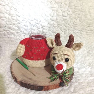 Horgolt rénszarvas üvegtároló - karácsony - karácsonyi lakásdekoráció - ünnepi asztaldekoráció - Meska.hu