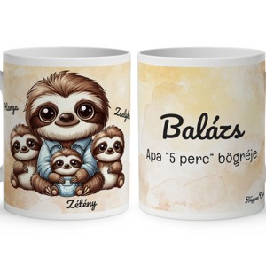 Névvel kérhető - Cuki lajhár Apa és három kis lajhár mintás bögre, Otthon & Életmód, Konyhafelszerelés, tálalás, Tálalás, Bögre & Csésze, , MESKA