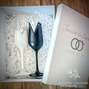 Egyedi menyasszony�vőlegény pezsgőspohár szett díszdobozban,Esküvői ajándék - Meska.hu