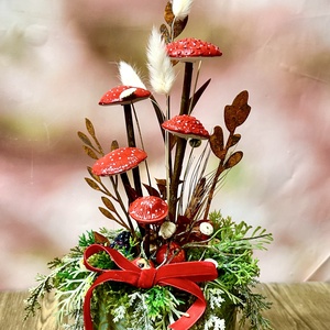 Kerámia gombás őszi asztaldísz fém virágokkal, kézműves dekor kaspóban, Otthon & Életmód, Dekoráció, Asztal és polc dekoráció, Asztaldísz, Virágkötés, Mindenmás, MESKA