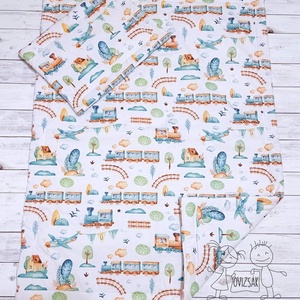 Vonatos pamut babaágynemű - takaró és lapos kispárna szett, Otthon & Életmód, Babaszoba, gyerekszoba, Baba ágynemű, Varrás, MESKA