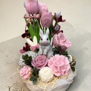 Szürke nyuszis tavaszi/húsvéti asztaldísz, Ünnepi díszek, dekorációk, Húsvéti díszek és dekorációk, Húsvéti asztaldíszek, Gyertya-, mécseskészítés, MESKA