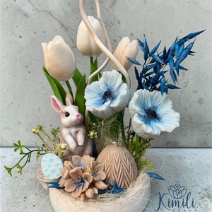 Bézs-kék tavaszi/húsvéti asztaldísz, Ünnepi díszek, dekorációk, Húsvéti díszek és dekorációk, Húsvéti asztaldíszek, Gyertya-, mécseskészítés, MESKA