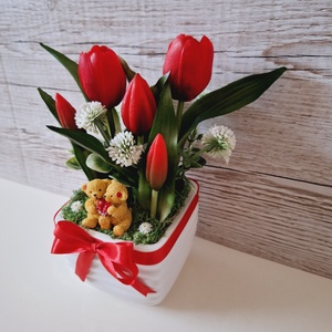 Tulipános dekoráció macipárral - otthon & életmód - dekoráció - asztal és polc dekoráció - asztaldísz - Meska.hu