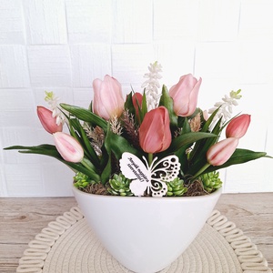 Tavaszi tulipános asztaldísz, Otthon & Életmód, Dekoráció, Asztal és polc dekoráció, Asztaldísz, Virágkötés, MESKA