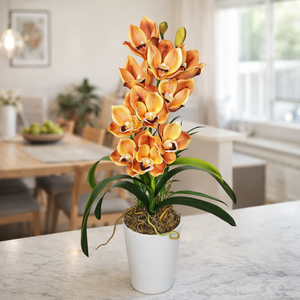 Cymbidium orchidea dekoráció kerámia kaspóban-narancs, Otthon & Életmód, Dekoráció, Asztal és polc dekoráció, Asztaldísz, , MESKA
