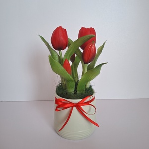 Élethű tulipánok kerámia kaspóban-piros - otthon & életmód - dekoráció - asztal és polc dekoráció - asztaldísz - Meska.hu