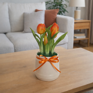 Élethű tulipánok kerámia kaspóban-narancs - otthon & életmód - dekoráció - asztal és polc dekoráció - asztaldísz - Meska.hu