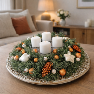 Adventi asztaldísz bronz-fehér, Karácsony, Adventi díszek, Adventi koszorú, , MESKA