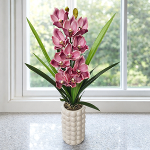 Cymbidium orchidea dekoráció kerámia kaspóban-mályva, Otthon & Életmód, Virágdekoráció, Virágdíszek, Virágdísz kaspóban, , MESKA