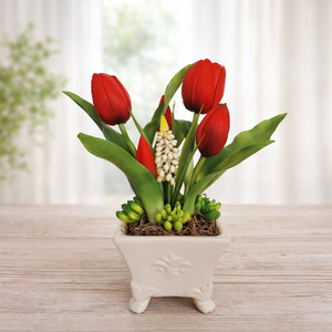 Élethű tulipánok kerámia kaspóban-piros II., Otthon & Életmód, Virágdekoráció, Virágdíszek, Virágdísz kaspóban, Virágkötés, MESKA