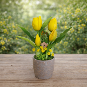 Élethű tulipánok kerámia kaspóban-sárga II., Otthon & Életmód, Virágdekoráció, Virágdíszek, Virágdísz kaspóban, Virágkötés, MESKA