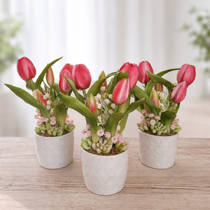 Élethű tulipánok kerámia kaspóban-pink II. - otthon & életmód - virágdekoráció - virágdíszek - virágdísz kaspóban - Meska.hu