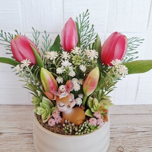 Tavaszi őzikés dísz kerámia kaspóban II. - otthon & életmód - dekoráció - asztal és polc dekoráció - asztaldísz - Meska.hu