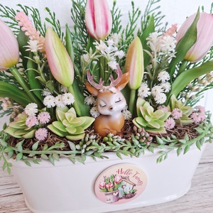 Tavaszi őzikés dísz kerámia kaspóban III. - otthon & életmód - dekoráció - asztal és polc dekoráció - asztaldísz - Meska.hu