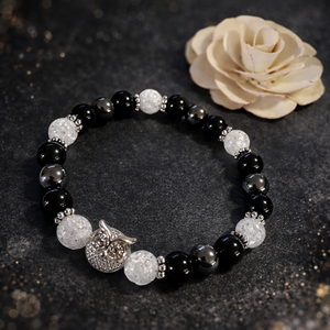 Baglyos ónix,hematit és hegyikristály ásvány karkötő, Ékszer, Karkötő, Gyöngyös karkötő, , MESKA