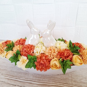   Húsveti asztaldísz kerámia nyuszikkal - ünnepi díszek, dekorációk - húsvéti díszek és dekorációk - húsvéti virágos díszek - Meska.hu