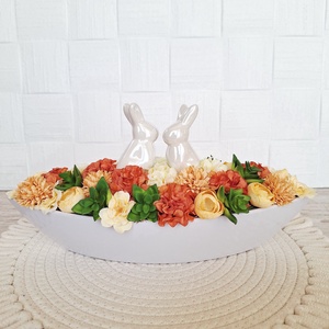   Húsveti asztaldísz kerámia nyuszikkal - ünnepi díszek, dekorációk - húsvéti díszek és dekorációk - húsvéti virágos díszek - Meska.hu