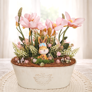 Tavaszi virágos dísz bájos nyuszival, Otthon & Életmód, Virágdekoráció, Virágdíszek, Virágdísz kaspóban, Virágkötés, MESKA