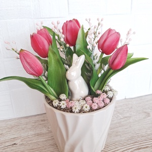   Húsveti dísz kerámia nyuszival - ünnepi díszek, dekorációk - húsvéti díszek és dekorációk - húsvéti virágos díszek - Meska.hu