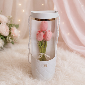 Élethű tulipánok virág táskában-lazac - Meska.hu