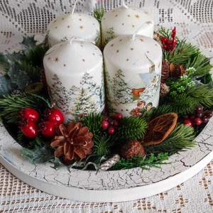 Adventi / karácsonyi asztaldísz decoupage technikával díszített gyertyákkal, Karácsony, Karácsonyi lakásdekoráció, Ünnepi asztaldekoráció, , MESKA