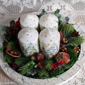 Adventi / karácsonyi asztaldísz decoupage technikával díszített gyertyákkal - karácsony - karácsonyi lakásdekoráció - ünnepi asztaldekoráció - Meska.hu