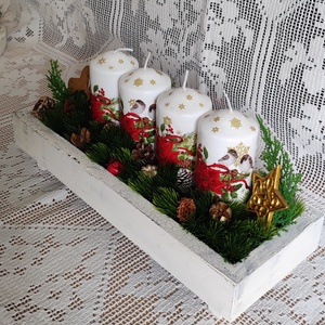 Különleges adventi / karácsonyi asztaldísz decoupage technikával díszített gyertyákkal - karácsony - karácsonyi lakásdekoráció - ünnepi asztaldekoráció - Meska.hu