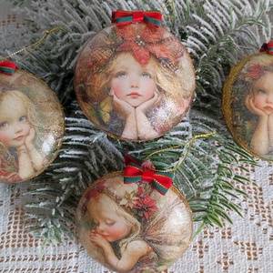 Medalion formájú karácsonyi díszek, Karácsony, Karácsonyi lakásdekoráció, Karácsonyfadíszek, Decoupage, transzfer és szalvétatechnika, MESKA