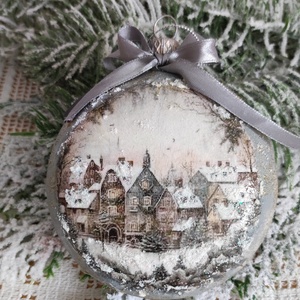 Téli városka - nagyméretű medalion dísz, Karácsony, Karácsonyi lakásdekoráció, Karácsonyfadíszek, Decoupage, transzfer és szalvétatechnika, MESKA