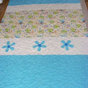 patchwork  takaró, bagoly mintás, falvédőnek is megfelel, türkiz - otthon & életmód - babaszoba, gyerekszoba - babatakaró, gyerek pléd - Meska.hu
