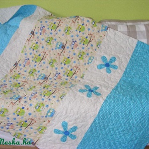 patchwork  takaró, bagoly mintás, falvédőnek is megfelel, türkiz - otthon & életmód - babaszoba, gyerekszoba - babatakaró, gyerek pléd - Meska.hu