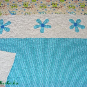 patchwork  takaró, bagoly mintás, falvédőnek is megfelel, türkiz - otthon & életmód - babaszoba, gyerekszoba - babatakaró, gyerek pléd - Meska.hu