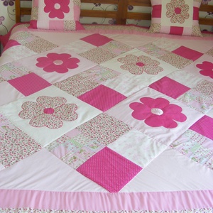  Pink patchwork takaró, nagy virágokkal - otthon & lakás - lakástextil - ágytakaró - Meska.hu