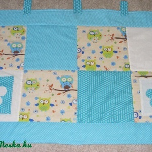patchwork  falvédő, bagoly mintás, türkiz, 2db zsebbel.  - otthon & életmód - babaszoba, gyerekszoba - falvédő gyerekszobába - Meska.hu