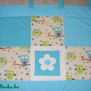 patchwork  falvédő, bagoly mintás, türkiz, 2db zsebbel.  - otthon & életmód - babaszoba, gyerekszoba - falvédő gyerekszobába - Meska.hu