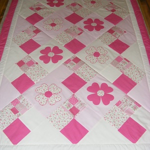  Pink patchwork takaró, nagy virágokkal - otthon & lakás - lakástextil - ágytakaró - Meska.hu