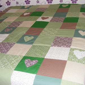 Zöld-barna kockás patchwork takaró, falvédőnek is alk., Otthon & Életmód, Lakástextil, Ágytakaró, Varrás, Patchwork, foltvarrás, MESKA