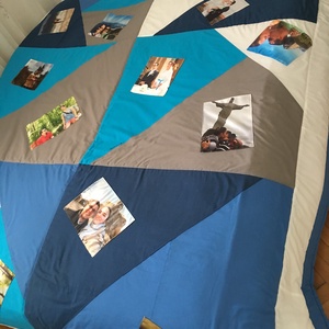 Fényképes crazy patchwork takaró kék, szürke, fehér, falvédő - Meska.hu
