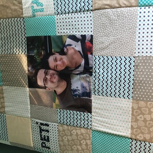 Fényképes crazy patchwork takaró kék, szürke, fehér, falvédő - otthon & életmód - lakástextil - ágytakaró - Meska.hu