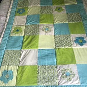 patchwork  takaró, falvédő, türkiz-zöld, virágmintával - otthon & lakás - lakástextil - felnőtt takaró, pléd - Meska.hu