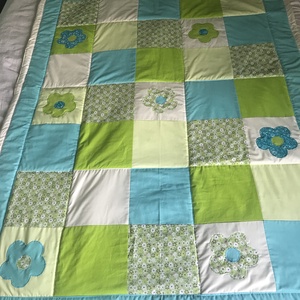 patchwork  takaró, falvédő, türkiz-zöld, virágmintával - otthon & életmód - lakástextil - felnőtt takaró, pléd - Meska.hu