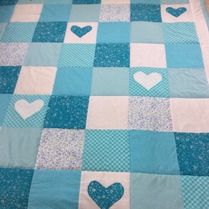 patchwork takaró kék-türkiz szívecskékkel - Meska.hu