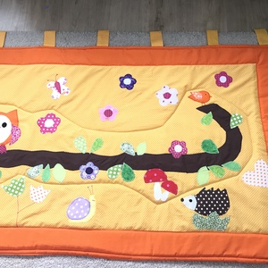 Narancssárga patchwork falvédő, takaró bagoly és virág, nyuszi applikációval - otthon & életmód - babaszoba, gyerekszoba - Meska.hu