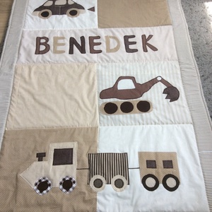 Járműves patchwork  takaró, bézs-barna falvédőnek is megfelel,  - otthon & életmód - babaszoba, gyerekszoba - falvédő gyerekszobába - Meska.hu