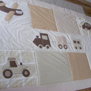 Járműves patchwork  takaró, bézs-barna falvédőnek is megfelel, , Otthon & Életmód, Babaszoba, gyerekszoba, Falvédő gyerekszobába, Varrás, Patchwork, foltvarrás, MESKA