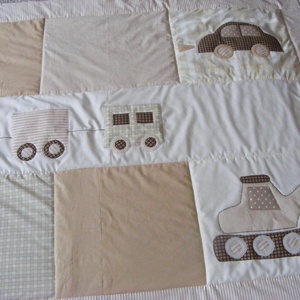 Járműves patchwork  takaró, bézs-barna falvédőnek is megfelel,  - otthon & életmód - babaszoba, gyerekszoba - falvédő gyerekszobába - Meska.hu