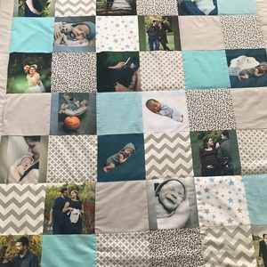 Fényképes patchwork babatakaró kék, szürke, fehér, falvédő - otthon & életmód - lakástextil - felnőtt takaró, pléd - Meska.hu
