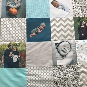 Fényképes patchwork babatakaró kék, szürke, fehér, falvédő - otthon & életmód - lakástextil - felnőtt takaró, pléd - Meska.hu