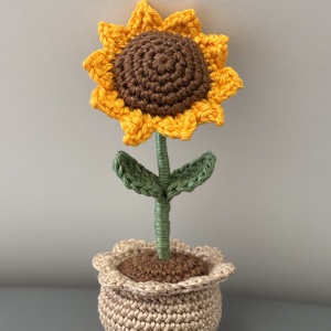 Horgolt cserepes Napraforgó, Otthon & Életmód, Virágdekoráció, Virágdíszek, Virágdísz kaspóban, Horgolás, Varrás, MESKA